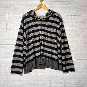 FP Beach Hoodie Womens Size S/P Black & Gray Striped Henley Distressed Top